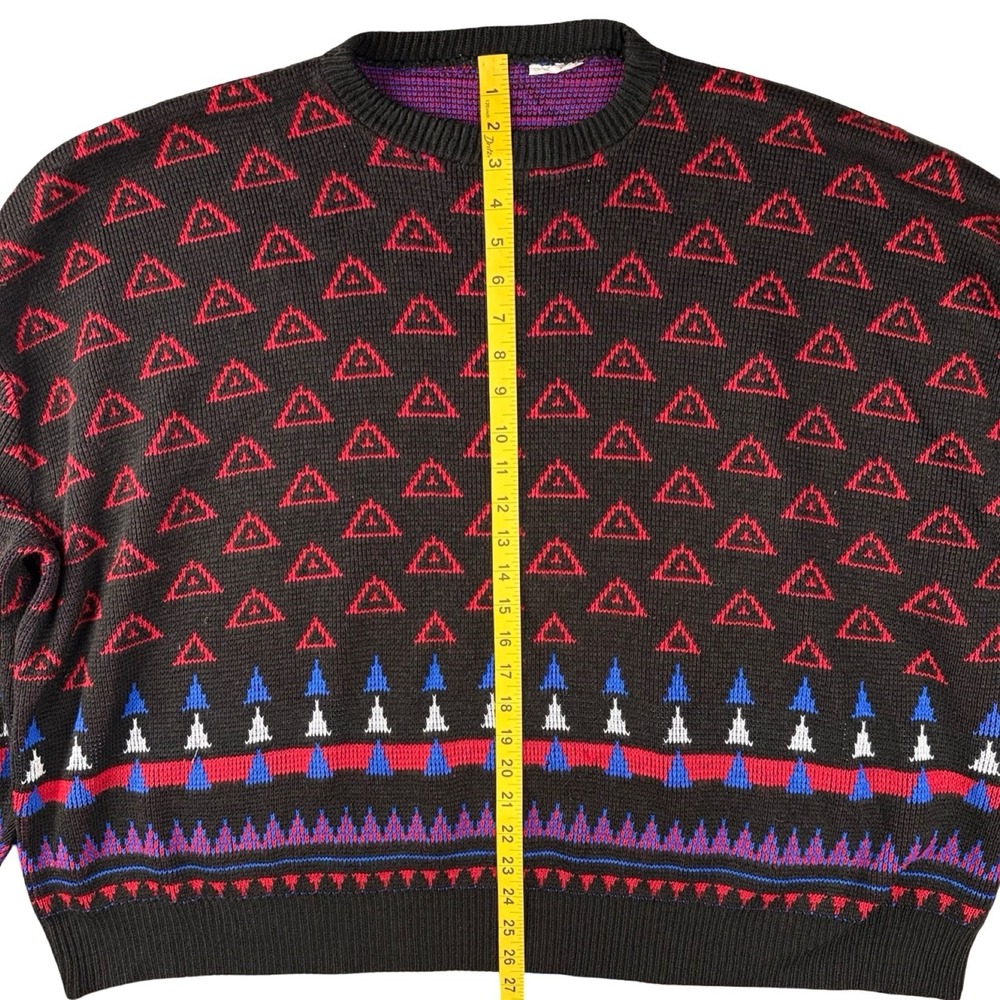 Vintage 90s USA Knit Sweater Geometric Pattern Black Red Blue Mens 1X - Picture 4 of 5